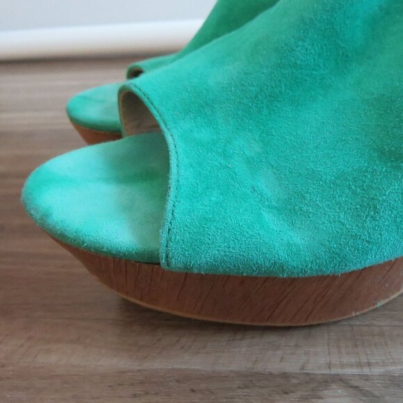 ANTHROPOLOGIE Bow Back Wooden Wedge Peeptoe Sandals in Kelly Green - Size US 10 - Picture 3 of 15
